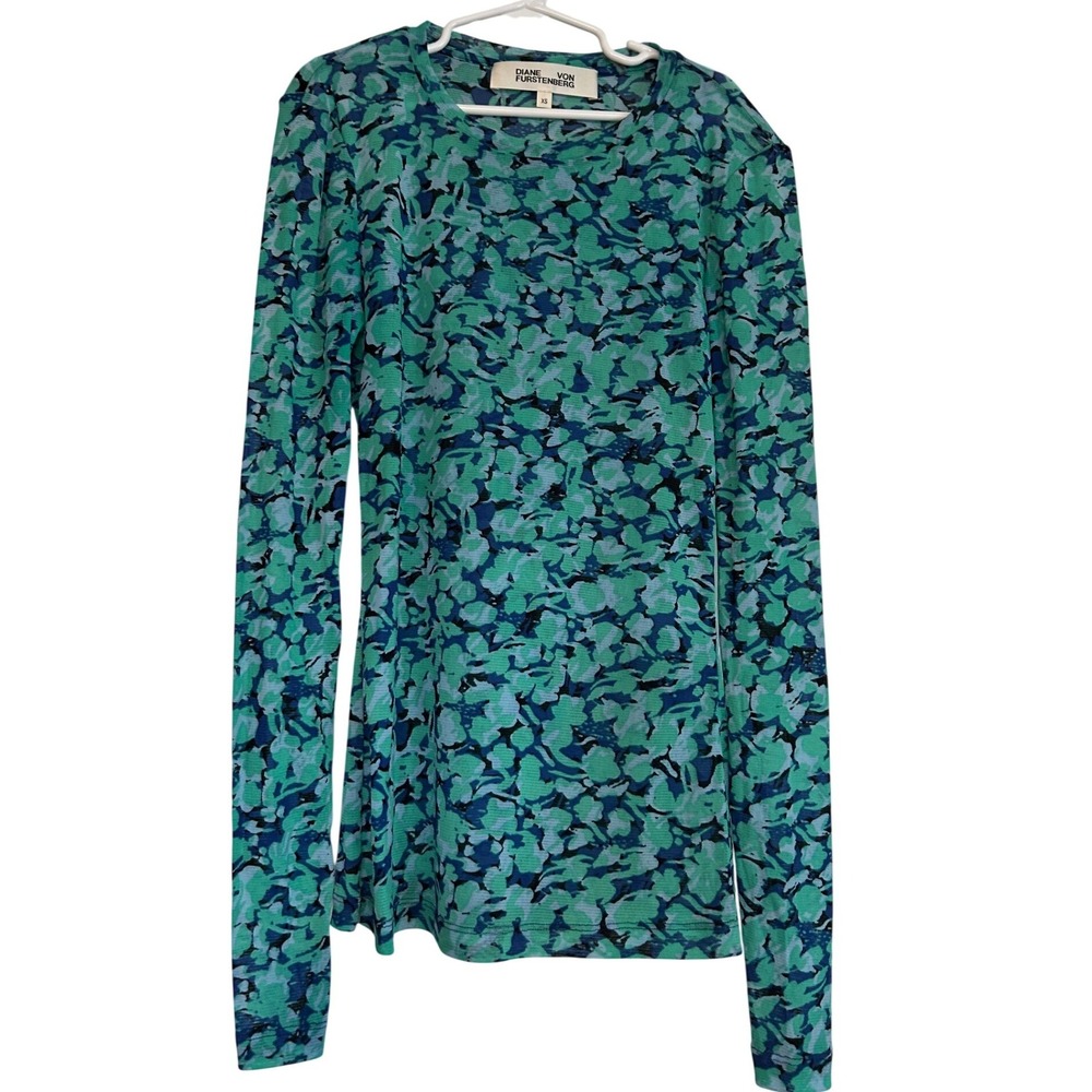 Diane von Furstenberg Blue Green Floral Mesh Long Sleeve Crew Neck Top XS - Picture 2 of 5